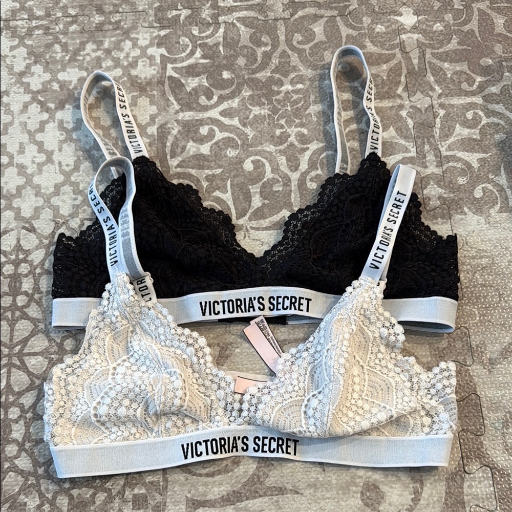 Victoria's Secret Black and Cream Bralette Set with Lace